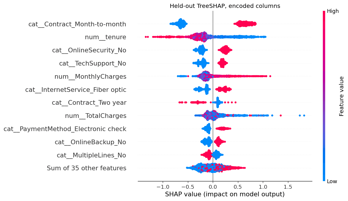 Held-out TreeSHAP summary in the encoded column space the booster sees.
